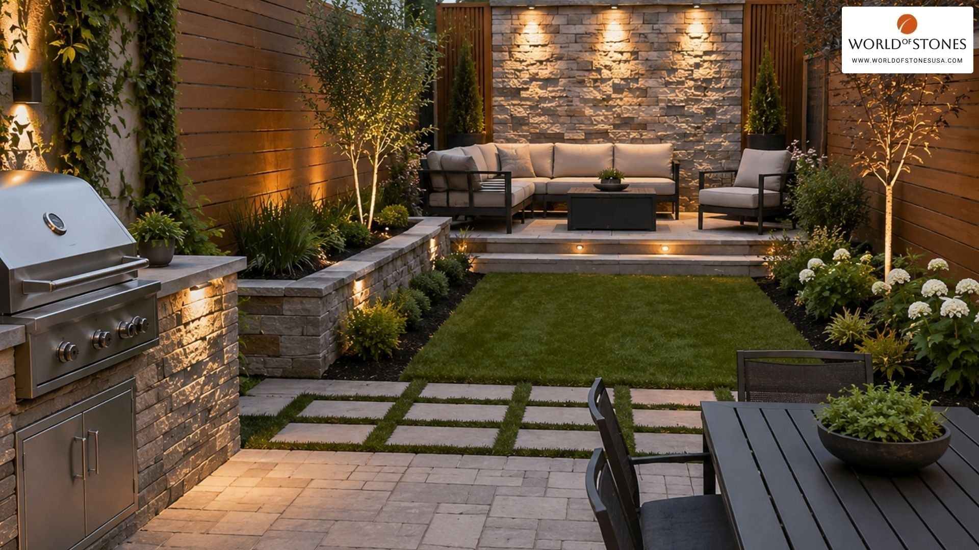 Large backyard paver stepping stones with planting